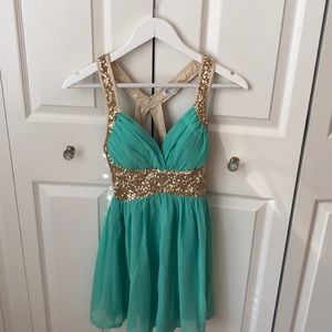 turquoise dress with gold sequins